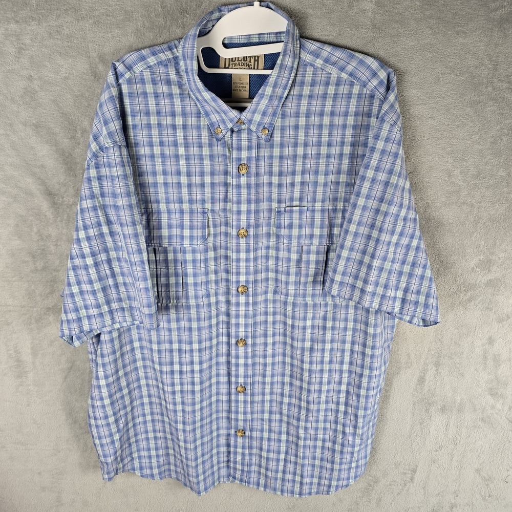 Duluth Trading Co Mens Large Blue Plaid Short Sleeve Button Down Work Shirt L